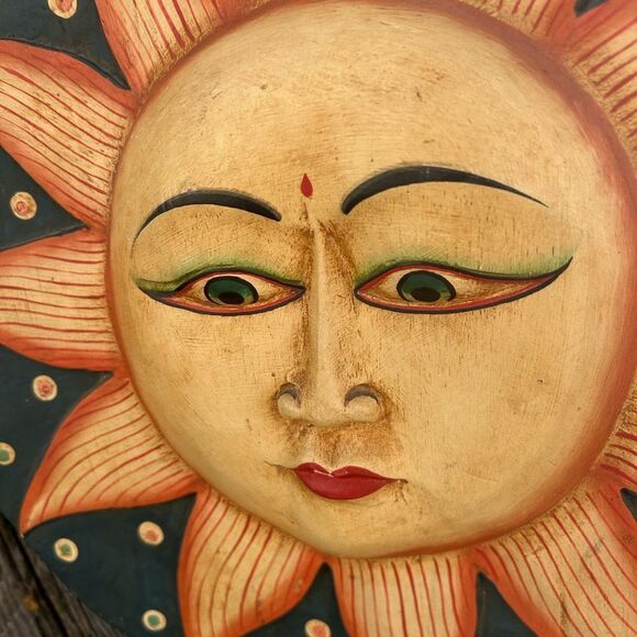 Vintage 16" Handmade Indonesia Hand Painted Sun Moon Wooden Wall Hanging Whimsy - Picture 14 of 16
